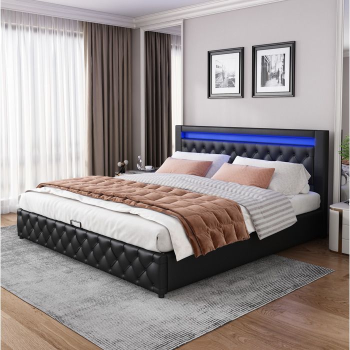Lit coffre Double 180×200 cm sommier à lattes inclus LED réglable et coffre de rangement - BEAUNIV - sans matelas PU noir