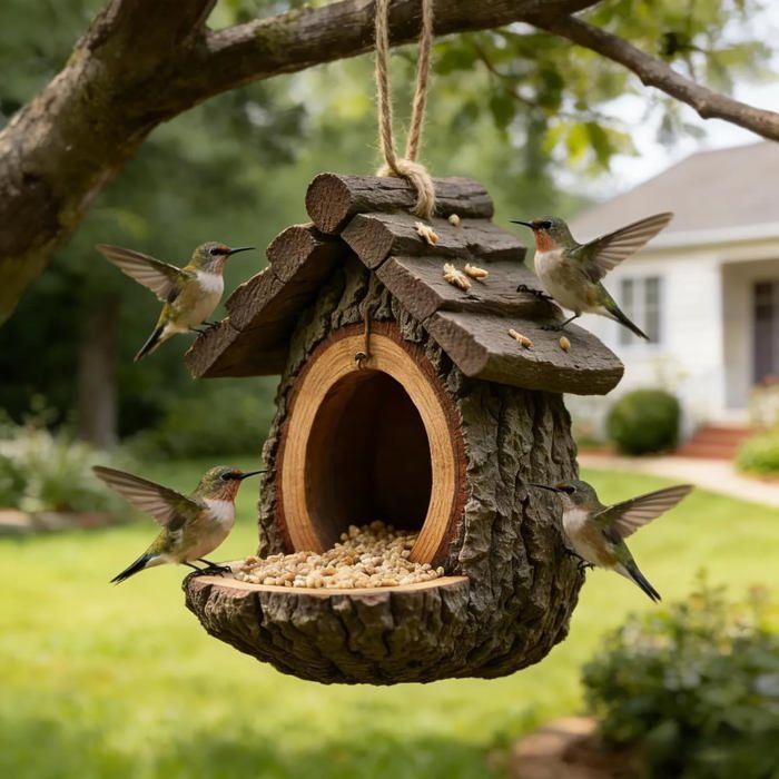 Mangeoire à oiseaux suspendue - MICH - Design vintage peint à la main - Forme de cabane dans les arbres