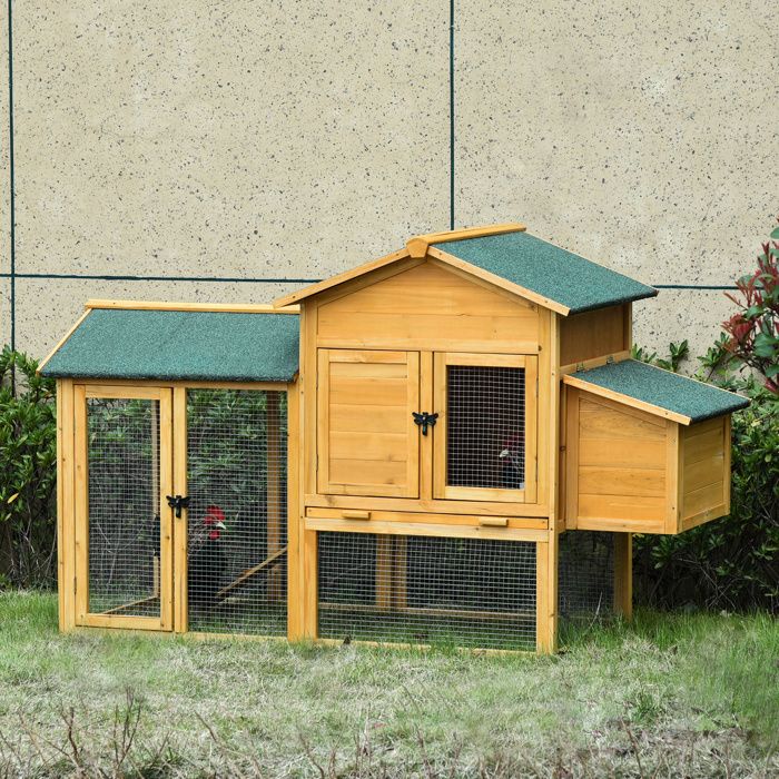 Poulailler pour poules naines - Bois de sapin verni - Grand pondoir latéral - Enclos grillagé 1x1 cm - Toit bitumé imperméable