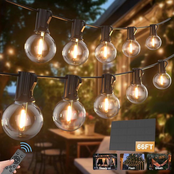 Guirlande Solaire Exterieur 20M/66Ft Guirlande Lumineuse Solaire Avec 30+2 G40 Ampoules 4 Modes Étanche Ip45 Guirlande Guing[Ji60]