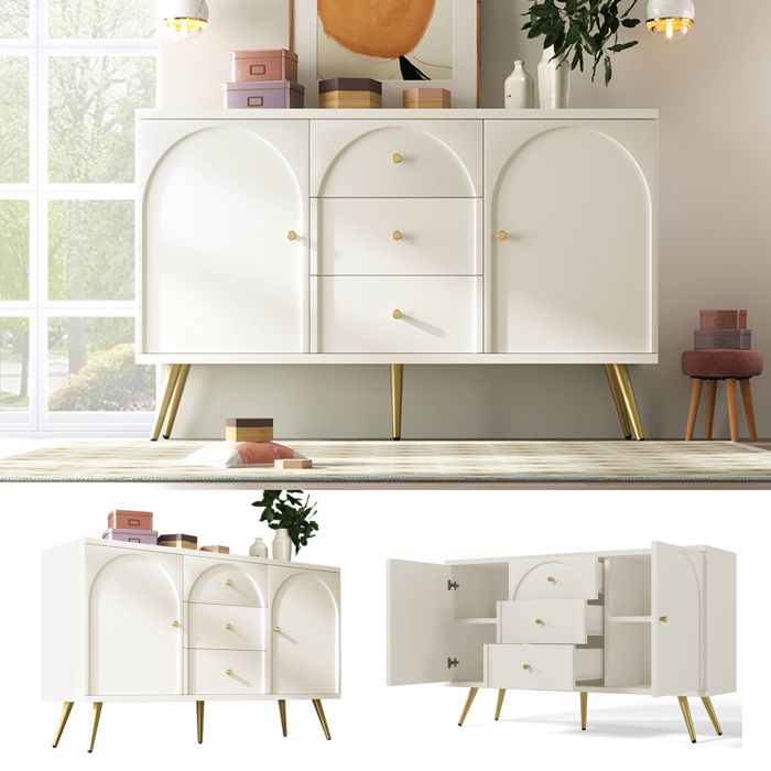 Commode blanche - 2 portes et 3 tiroirs - Étagère réglable - Blanc crème - H 84/L 140/P 40 cm - Bois et métal