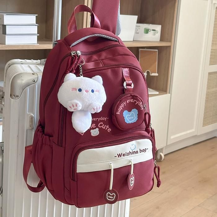 XJYDNCG Cartable Fille Primaire - Imperméable Multi - Poches Accessoire Peluche - 40x28x18cm - Rouge