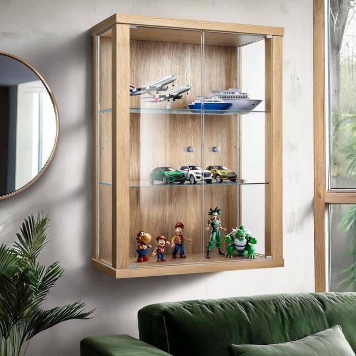 Vitrine murale suspendue 80x60x25cm 2 étagères réglables en verre trempé Hêtre