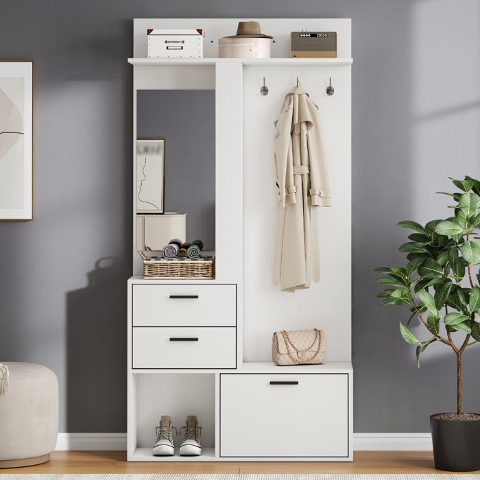 Meuble d’entrée vestiaire blanc 90x30x180 cm avec miroir plein pied 2 tiroirs 3 crochets et range-chaussures
