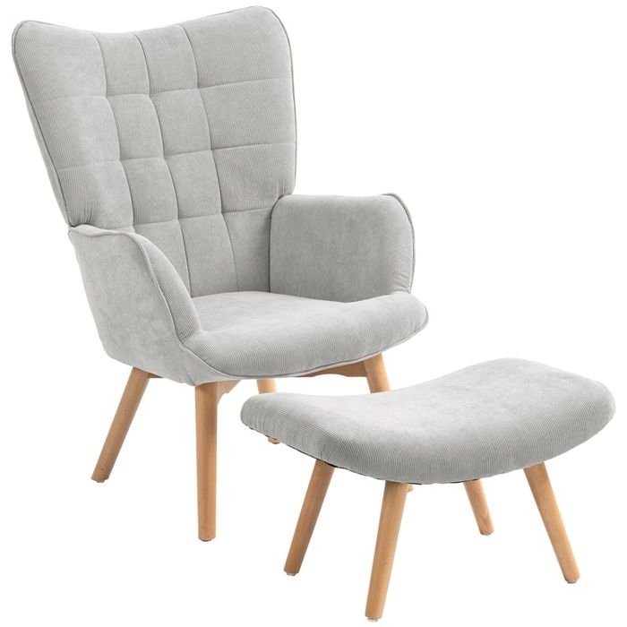 Fauteuil dappoint avec repose-pieds fauteuil inclinable aspect velours côtelé fauteuil avec pieds en bois pour salon gris