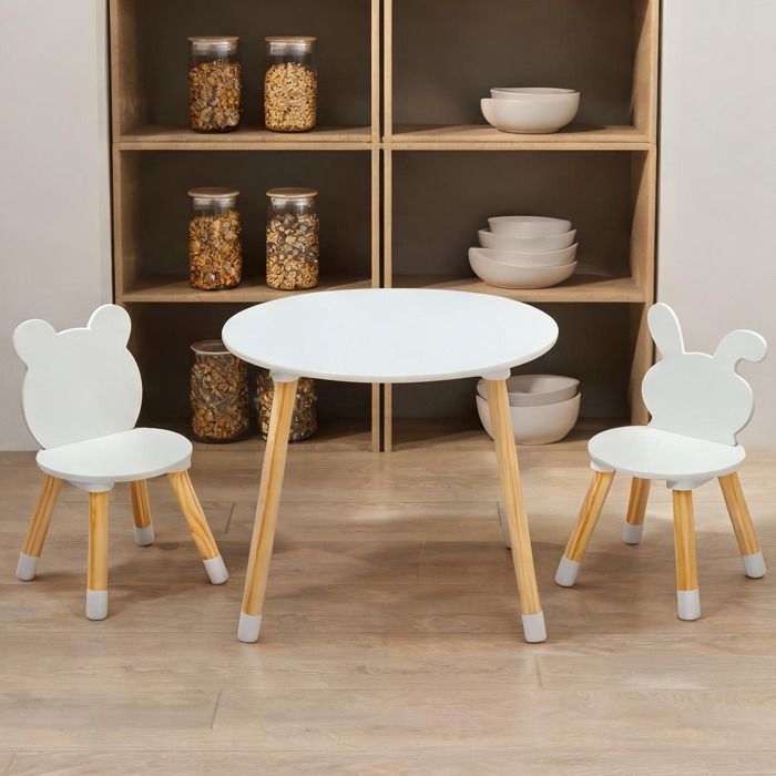 Ensemble table et chaises enfant en MDF et bois massif blanc classique 60x60x49 cm pour activités et repas