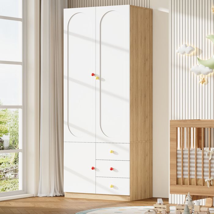 Armoire penderie enfant blanc 80x50x200 cm 2 portes à design arqué 3 tiroirs poignées en céramique colorée tringle à vêtements