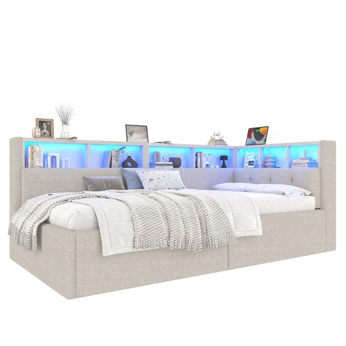 Lit banquette Fonction de stockage hydraulique Sans matelas Beige Connecteurs USB + type C Canapé-lit 90 × 200 cm
