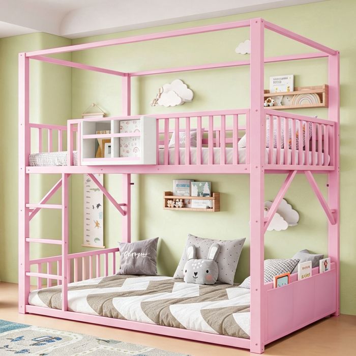 Lit superposé 90x200cm lit enfant lit ado avec sommier à lattes lit 2 places avec étagères et Garde-corps de sécurité rose