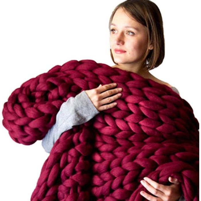Plaid Tricot Grosse Maille - Tissu doux extensible Protège des taches et rayures - Canapé et lit - 80x100 cm Bordeaux