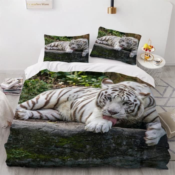 Housse de Couette Tigre Blanc - Animal de la forêt - Parure de lit avec 2 taies doreiller - 140x200cm