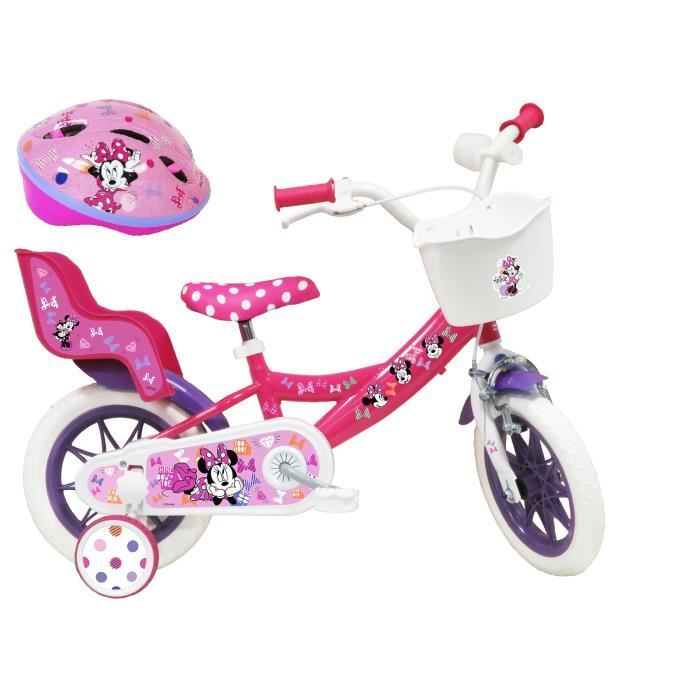 Velo enfant 12 Minnie Disney Fille taille 90 95 cm Rose Blanc equipe d un porte poupee panier avant Casque Minnie Cdiscount Sport