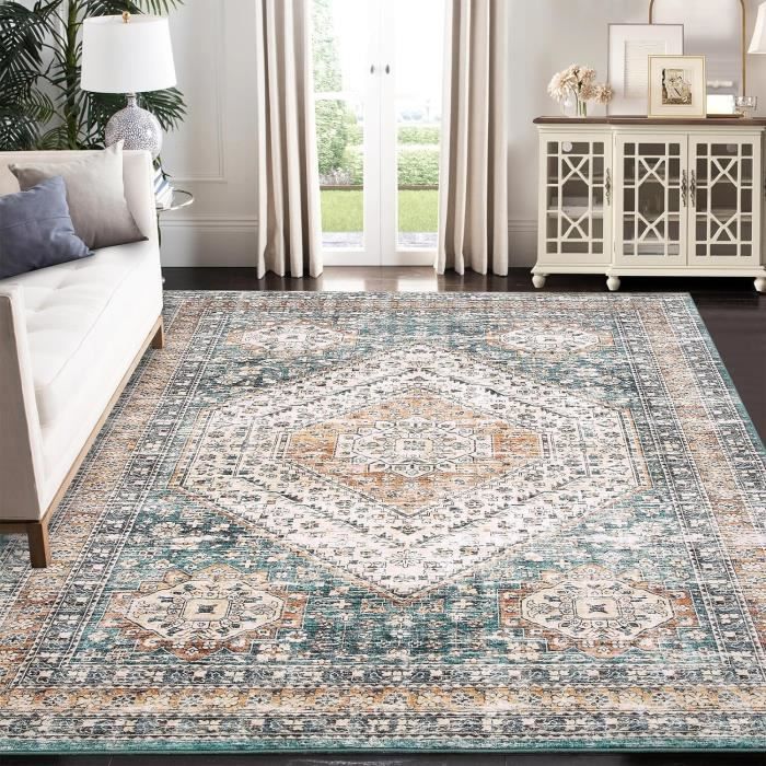Tapis Salon 180x200 Cm – Moquette Douce Antidérapante – Lavable En Machine – Motif Ethnique Bleu – Pour Salle à Manger, Chambre