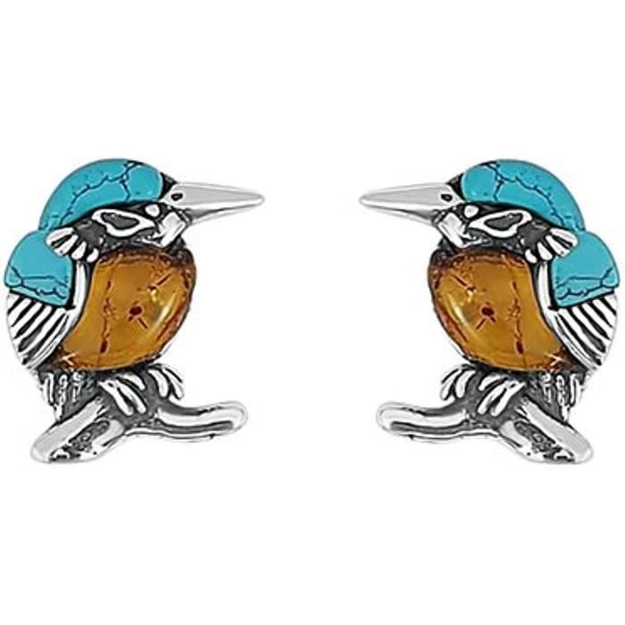 Kiara Jewellery Boucles d'oreilles martin-pecheur en argent sterling 925 incrustees d'ambre de la Baltique marron et turquois