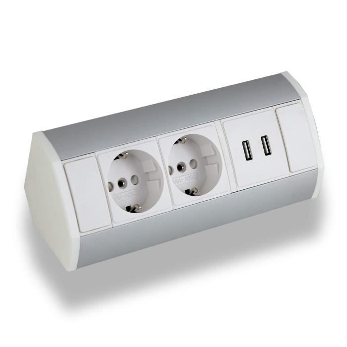Enchufe Empotrable Retráctil 2 Tomas + USB - Aluminio, Cable 1.5 M, Para Encimera O Suelo