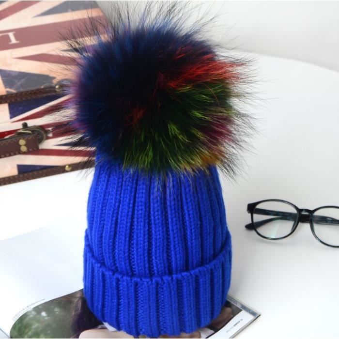 5560cm (adulte) bleu tricoté avec pompons en fourrure