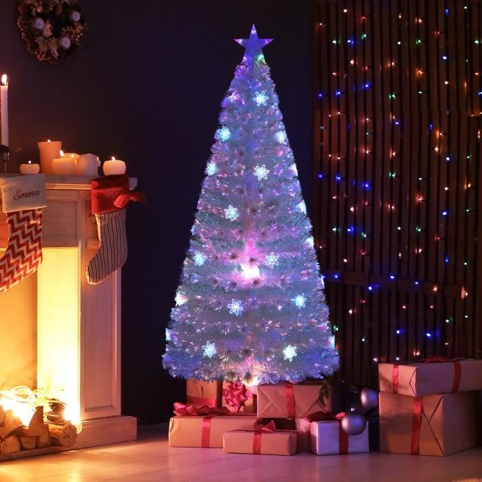 Sapin de Noël LED Blanc à Fibre Optique 180cm COSTWAYFeuilles Irisées Flocon de Neige30