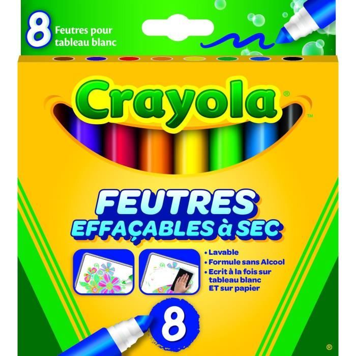 Feutres effaçables à sec - Crayola - 8 couleurs - Sans alcool ni odeur
