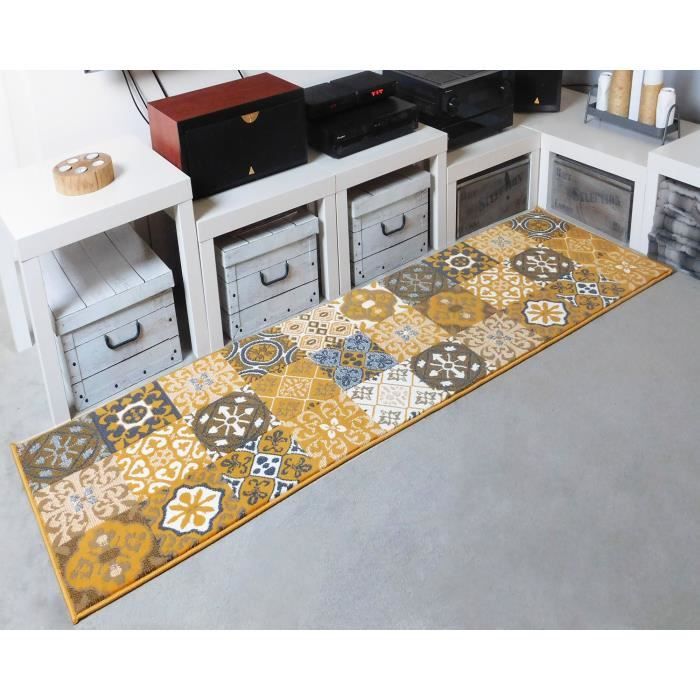 Tapis Couloir Patchwork Carreaux Ciment Jaune Moutarde Debonsol