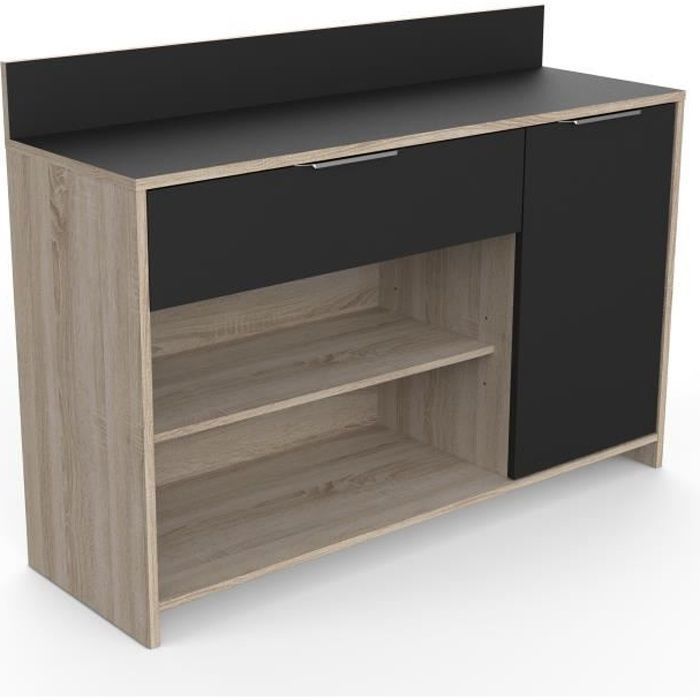 Buffet de cuisine - Décor chêne brut et noir - Contemporain - 1 porte - MIKE - L 123 cm