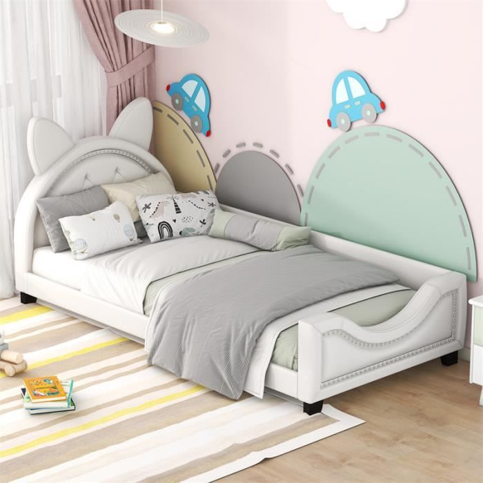 lit simple d'enfant 90 x 200 cm - lit en forme d'oreilles en carton avec sommier à lattes en bois et dossier - beige