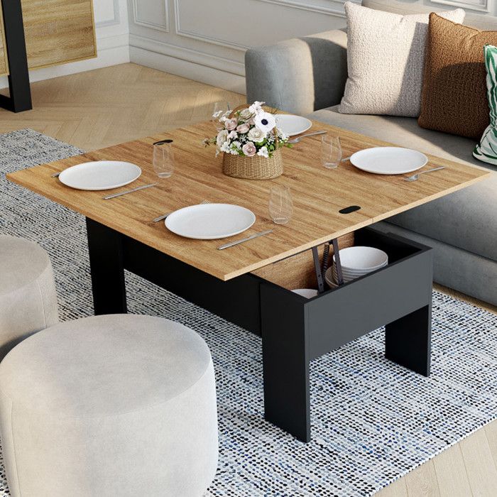 IDMARKET Table basse plateau relevable rectangulaire convertible en table à manger TARA 100 cm bois noir et imitation hêtre IDMARKET Table basse plateau relevable rectangulaire convertible en table à manger TARA 100 cm bois noir et imitation hêtre