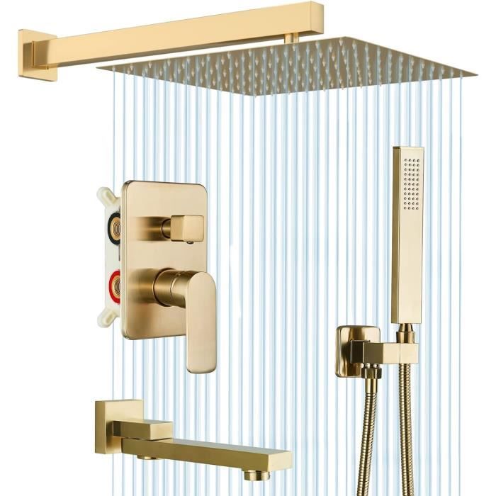 Ensemble de robinet de douche à effet pluie en or brossé dans le mur Mélangeur de bain douchette ultra-mince de 12 po avec boîte int