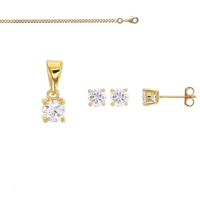 Parure Bijoux Solitaire Cristal Diamant Femme Or Jaune GF 750*