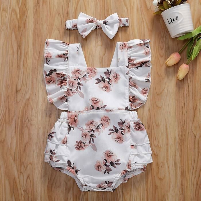 Ensemble Bébé Fille Jupe Courte Ensemble Jupe été Bébé Fille LUVCES - Barboteuse Manches Courtes Jupe Bandeau (imprimé Floral) Chemisiers Fille Jupe Barboteuse Manches Longues Volants Carreaux Bandeau