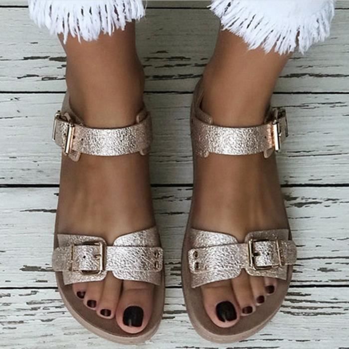 Sandales Plates Femmes été – Style Bohème Avec Fleurs Et Perles – Confortables, Sangle Cheville élastique