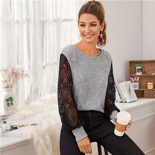 PULL SHEIN gris contraste dentelle Colorblock pull d contract