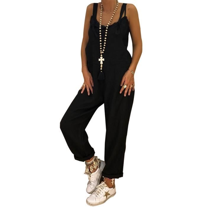 Femmes Combinaison en Lin Vintage Grande Taille Lâche Combishort À  Bretelles Casual Jumpsuit Noir