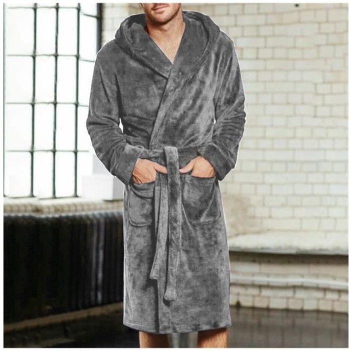 Peignoirs homme pyjama a capuche gris peignoirs en molleton chaud super doux et confortable en hiver Gris Cdiscount Pret a Porter