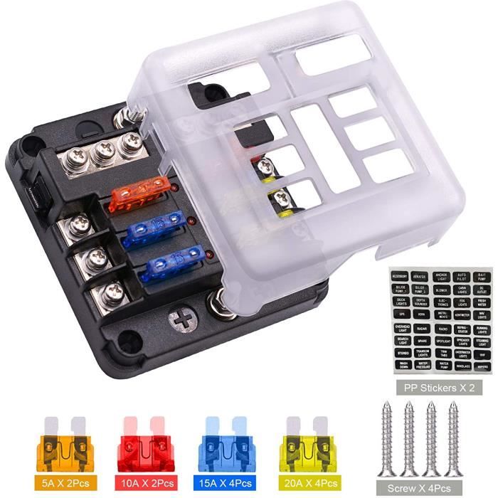 6 Voies Boîte à Fusibles NetBoat Fusible de Voiture 12V Porte Fusible avec 6 Voyants LED Couvercle de Protection pour Voiture,Bateau