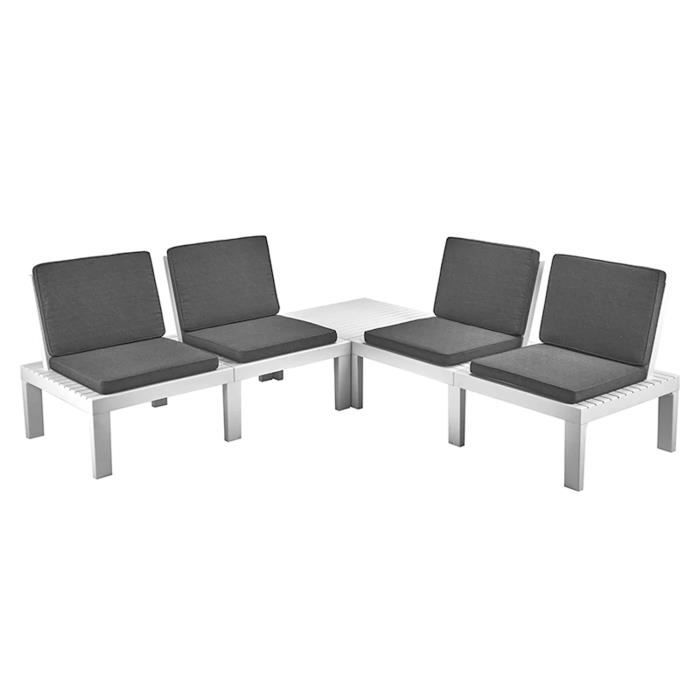 molok - salon modulaire composé de 4 fauteuils avec coussins + table basse. salon de jardin blanc