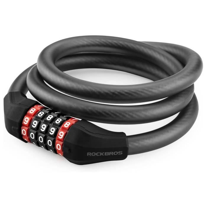 ROCKBROS Câble Antivol vélo à Code 5 Chiffres Cadenas pliable Noir 120cm/180cm