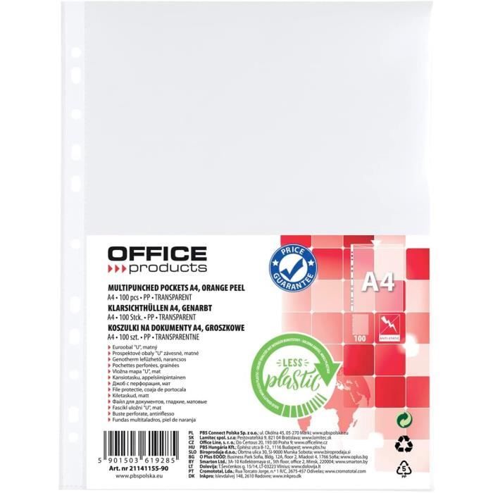 Durable 999111325 Lot de 100 pochettes transparentes A4 en haut Transparent 90 ml224