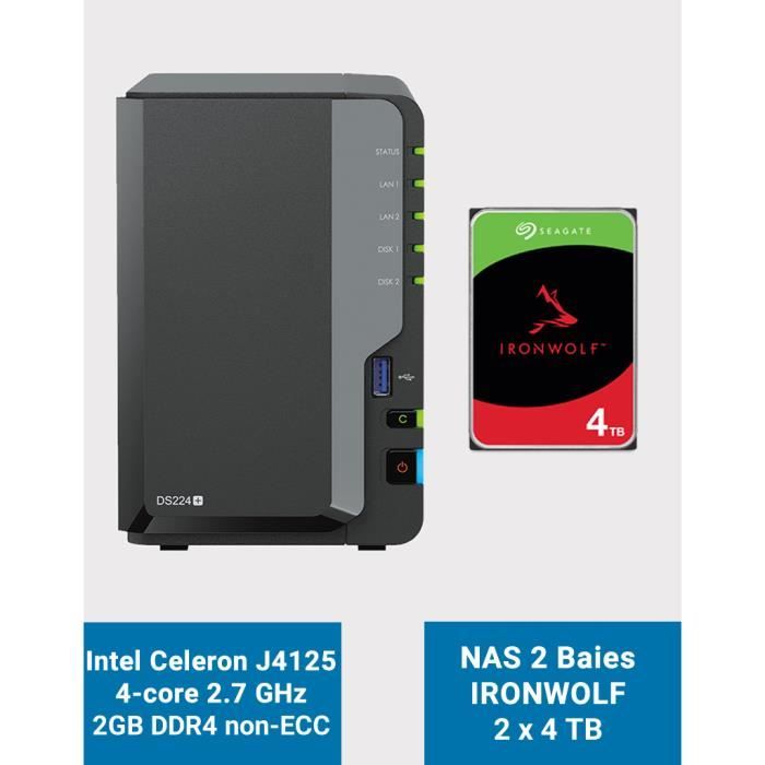 Serveur NAS – SYNOLOGY – DiskStation DS224+ – 8To IRONWOLF – 2Go RAM – RAID 1