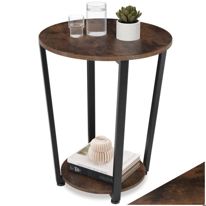 Table basse - TECTAKE - Table dappoint ronde SWINDON au style industriel en bois MDF et acier Ø 50 x 625 cm - Bois foncé