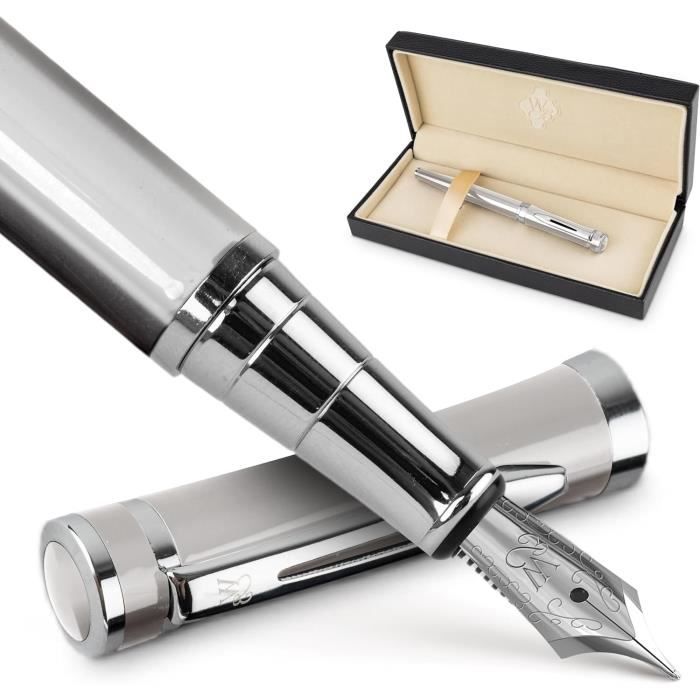 Stylo Plume Wordsworth & Black - Nib Moyen - 24 Cartouches + Convertisseur - Coffret Cadeau Calligraphie Chrome Noir