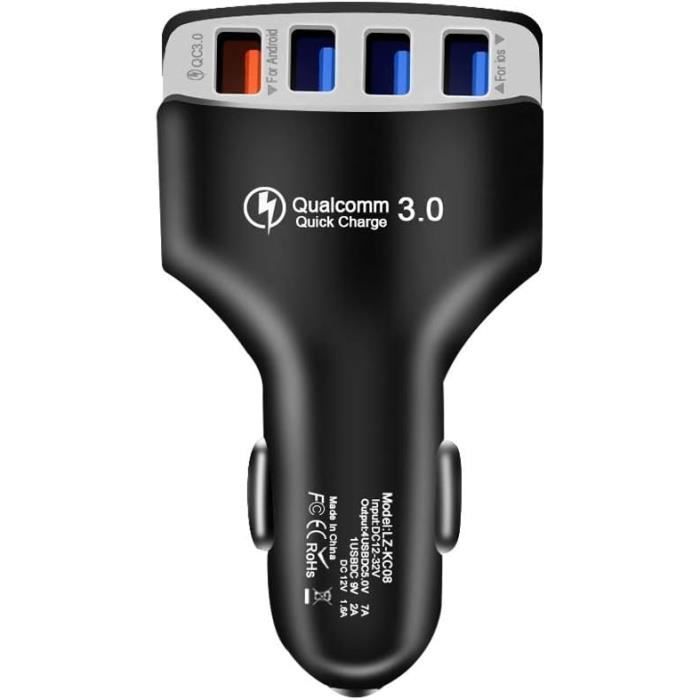 Chargeur Voiture Technaxx 4 Ports USB + 3 Prises Allume-Cigare - Charge Rapide, DC 12-24V - Protection Surtension Et Surintensité - Adaptateur TE11
