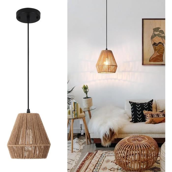 2 Abat-jour En Rotin Suspension - Style Boho Rétro - Pour Luminaire Salle à Manger Ou Salon - Beige