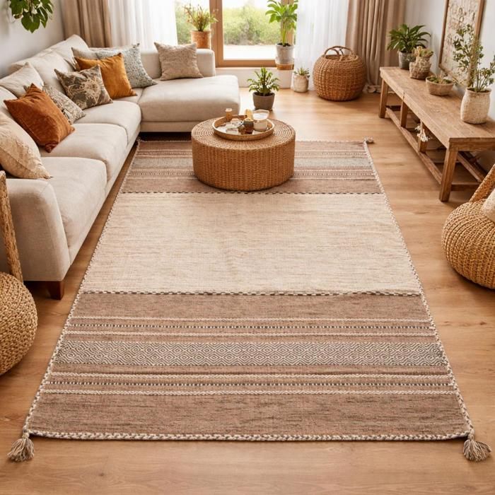 Tapis kilim 80x150 rectangle fait main en coton beige et marron