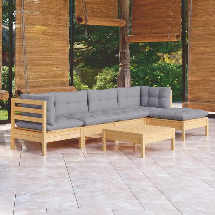 Salon De Jardin 5 Pièces En Bois De Pin Massif - Canapés, Repose-pieds, Coussins Crème - Extérieur - 11