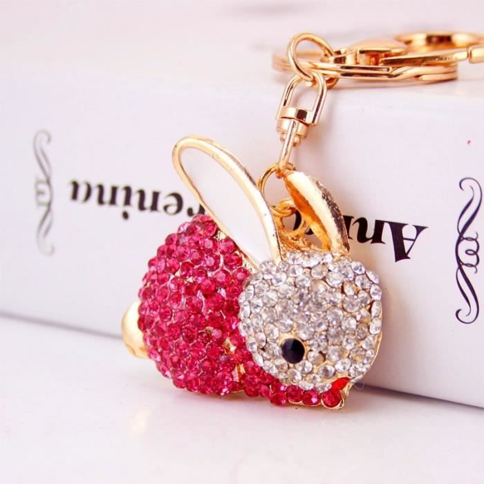 Pink -porte clés lapin en cristal pour femmes, joli sac à main