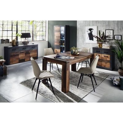Design Italie - Buffet 4 portes 4 tiroirs laqué gris et pieds chêne