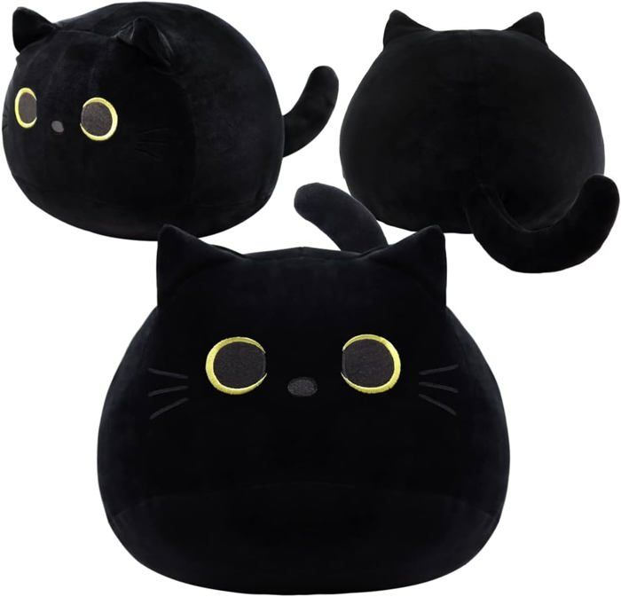 Peluche Chat Noir 25 Cm – Coussin Oreiller Tout Doux, Décoration Et Câlin Pour Enfants, Cadeau Anniversaire Ou Noël