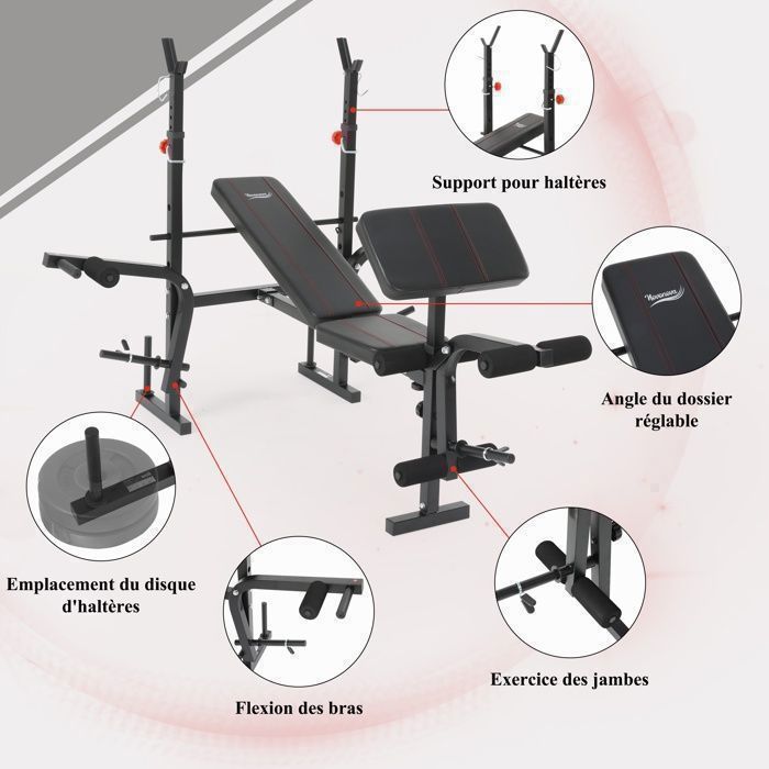 Banc De Musculation Pliable SPORTNOW - Charge Max 250 Kg | Dossier 6 Positions, Siège 4 Positions | Acier Noir, Compact Rangement - 10