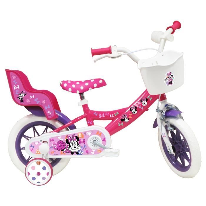 Velo enfant 12 Minnie Disney Fille taille 90 95 cm Rose Blanc equipe d un porte poupee panier avant Casque Minnie Cdiscount Sport