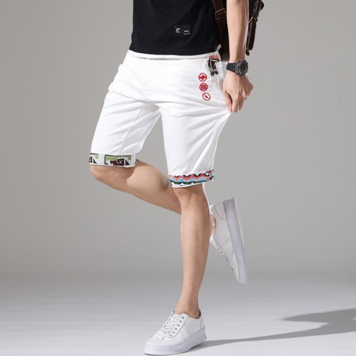 Bermuda Homme en jean Coupe droite Casual Imprim Broderie Blanc